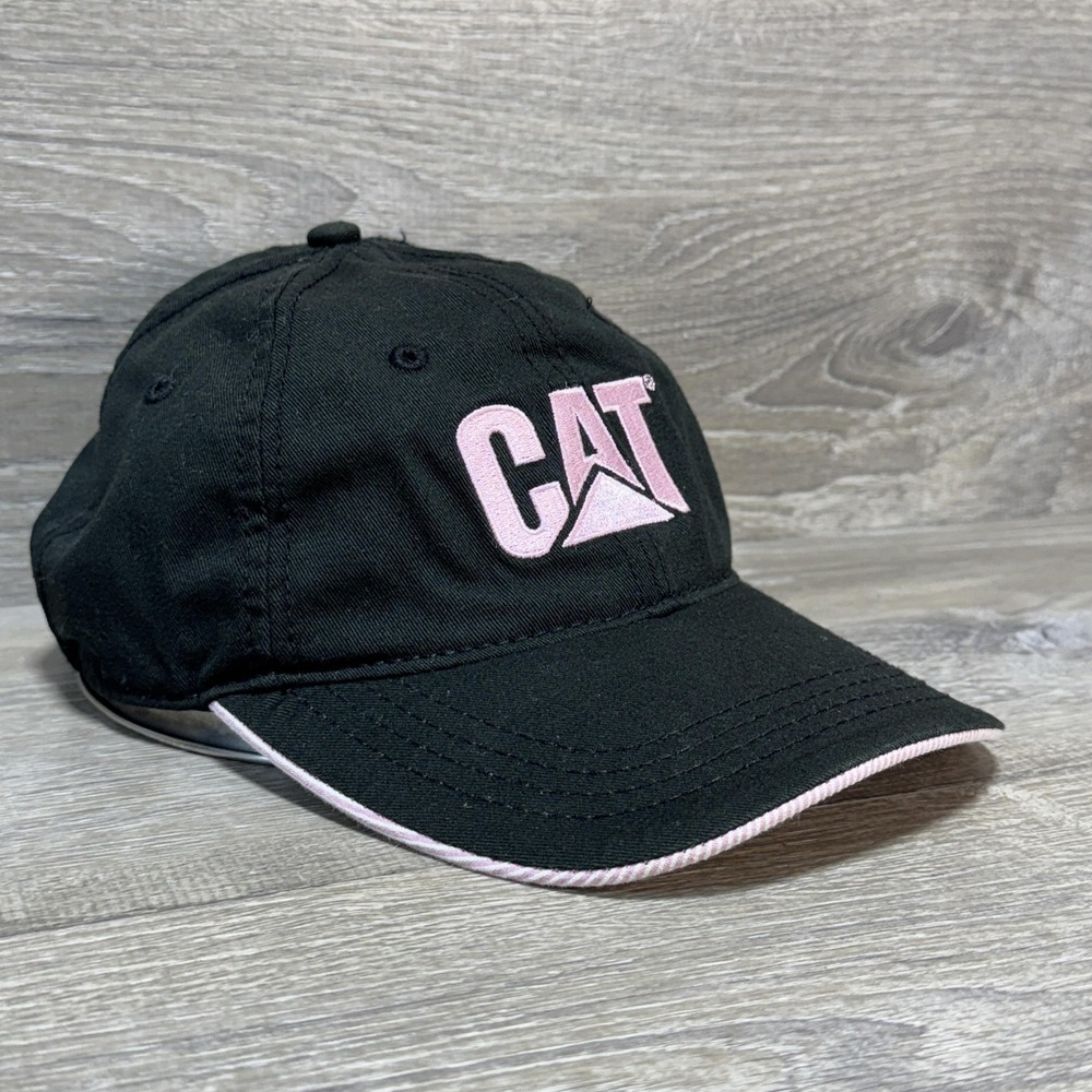 CAT Hat Cap Strap Back Black Pink Embroidered Dad Style Mens Pinstripe Brim